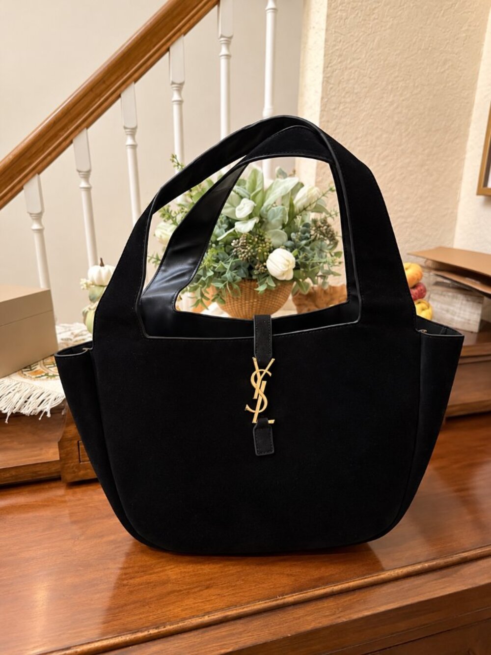 Black Suede Look Oversized Hobo Tote Shoulder Bag Gold Tone Monogram